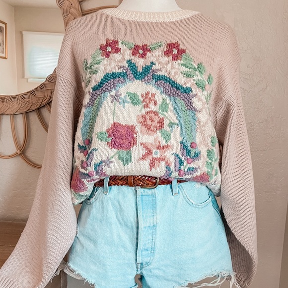 Vintage Sweaters - Vintage 90s Grandma Granny Floral Cottage Core Oversized Embroider Knit Sweater